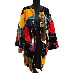 Vintage Patchwork Quilted Kantha Kimono Jacket Velvet Open Front Oversized Boho